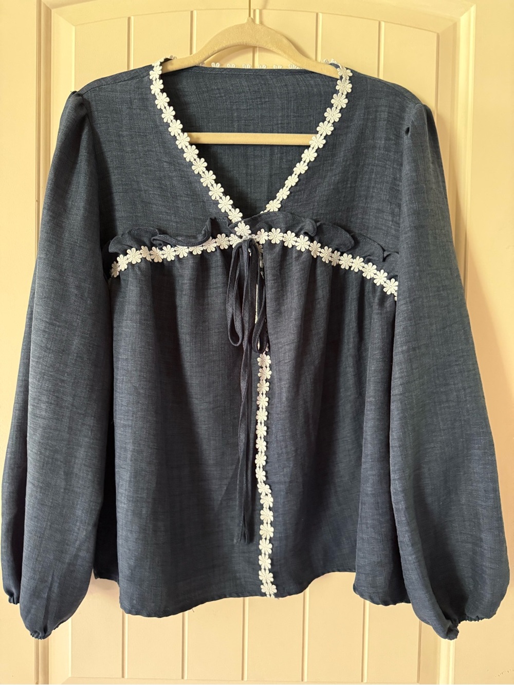 Dazy Navy V-Neck Peasant Tunic with White Daisy Trim